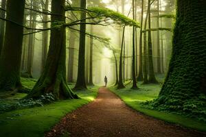 en man promenader ner en väg i de mitten av en skog. ai-genererad foto