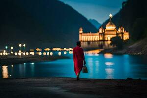 en kvinna i röd klänning gående längs de flod på natt. ai-genererad foto