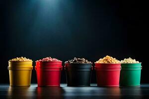 en rad av färgrik hinkar med popcorn. ai-genererad foto