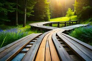 trä- gångväg i de skog med Sol lysande. ai-genererad foto