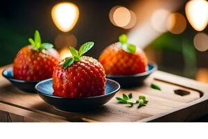 tre jordgubbar i skålar på en trä- tabell. ai-genererad foto