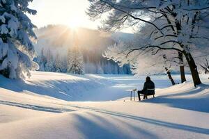 en person Sammanträde på en bänk i de snö. ai-genererad foto