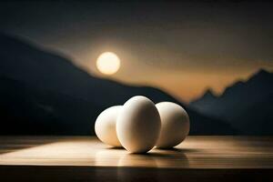 tre ägg på en tabell i främre av en berg. ai-genererad foto