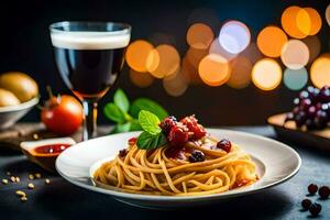 spaghetti med körsbär tomater och röd vin. ai-genererad foto