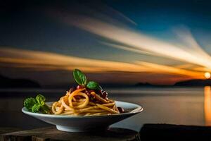 pasta i en skål med en solnedgång i de bakgrund. ai-genererad foto