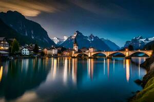 de stad av hallstatt, Österrike, är belyst upp på natt. ai-genererad foto
