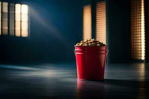 en röd hink fylld med popcorn Sammanträde på en mörk golv. ai-genererad foto