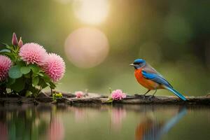 en blå fågel sitter på en logga nära rosa blommor. ai-genererad foto