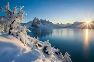 de Sol lyser över en sjö och snö täckt träd. ai-genererad foto