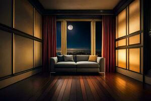 en rum med en soffa och en fönster med en se av de stad. ai-genererad foto