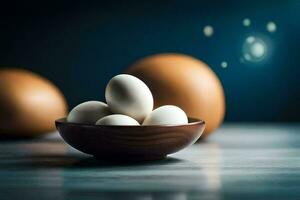 en skål av ägg på en tabell. ai-genererad foto