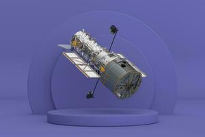 Plats teleskop Hubble över violett mycket peri cylindrar Produkter skede piedestal. 3d tolkning foto