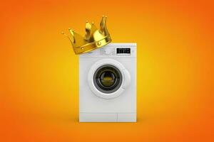 modern vit tvättning maskin med gyllene krona. 3d tolkning foto