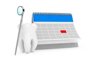 dental hälsa begrepp. tand ikon med dental inspektion spegel för tänder och påminnelse kalender för besöker de tandläkare. 3d tolkning foto