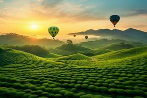 varm luft ballonger flyga över grön te fält på solnedgång. generativ ai foto