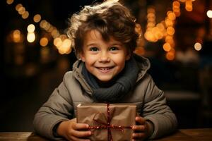 Lycklig pojke mottar en jul närvarande. generativ ai. foto
