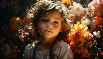 söt caucasian flicka leende, innehav blomma, njuter natur skönhet genererad förbi ai foto
