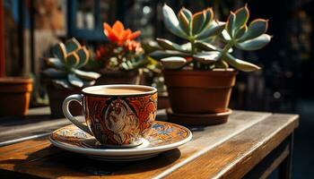 färsk kaffe i en rustik kopp, omgiven förbi natur elegans genererad förbi ai foto