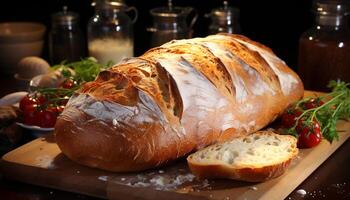 nyligen bakad ciabatta bröd på trä- tabell, gourmet måltid genererad förbi ai foto