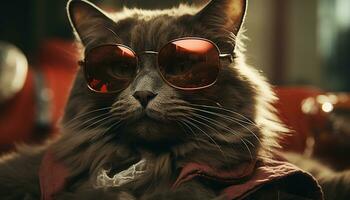 söt katt bär solglasögon ser på kamera, lekfull utomhus genererad förbi ai foto