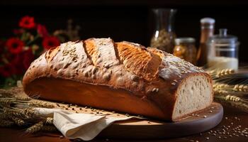 nyligen bakad rustik ciabatta på trä- tabell, en gourmet glädje genererad förbi ai foto