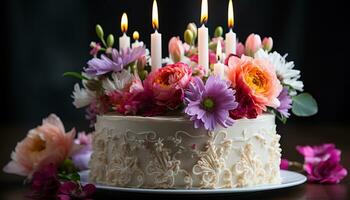 bröllop kaka, choklad flathet, ljuv grädde, jordgubb bukett, kärlek firande genererad förbi ai foto