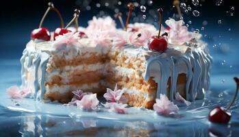 hemlagad födelsedag kaka med vispad grädde och färsk bär genererad förbi ai foto