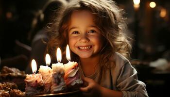 leende barn innehar ljus, åtnjuter födelsedag fest med familj genererad förbi ai foto
