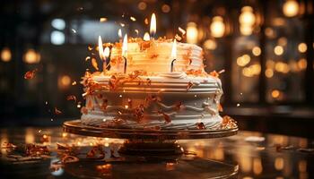 födelsedag kaka med ljus, choklad glasyr, och lysande levande ljus genererad förbi ai foto