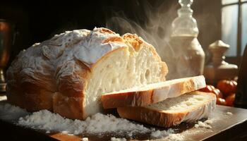 nyligen bakad bröd på trä- tabell, en gourmet måltid väntar genererad förbi ai foto