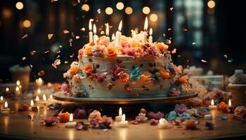 brinnande ljus tänds födelsedag kaka, ljuv efterrätt för firande genererad förbi ai foto