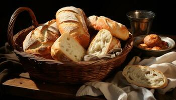 nyligen bakad bröd, en gourmet måltid på en rustik tabell genererad förbi ai foto