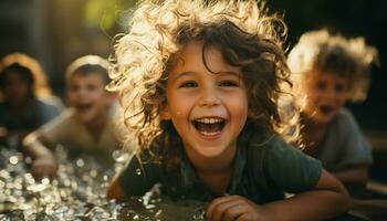 leende barn spelar utomhus, njuter sommar, sorglös och Lycklig genererad förbi ai foto