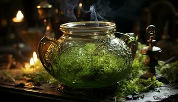 varm te i en glas tekanna på en trä- tabell genererad förbi ai foto