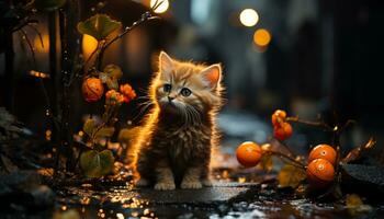 söt kattunge spelar med halloween leksak, Sammanträde på mörk gren genererad förbi ai foto