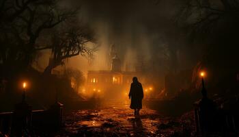 silhuett av ett person gående i de dimmig natt genererad förbi ai foto