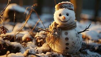 vinter- firande leende snögubbe dekorerar utomhus, föra glädje och heja på genererad förbi ai foto