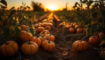 en vibrerande höst solnedgång tänds en läskigt halloween pumpa lykta genererad förbi ai foto