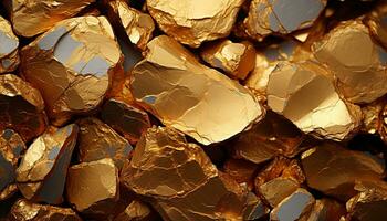 skinande guld bakgrund med abstrakt mönster, stänga upp av metallisk sten genererad förbi ai foto