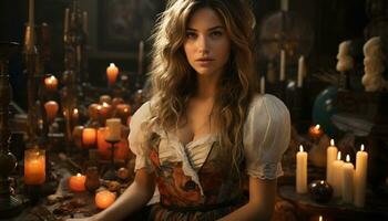 en ung kvinna med en ljus, fira halloween i mörker genererad förbi ai foto