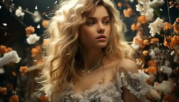 en skön ung kvinna med blond hår i en skog genererad förbi ai foto