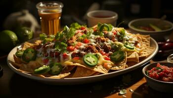 färsk guacamole och taco på en trä- tallrik, redo till äta mexikansk måltid genererad förbi ai foto