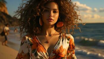 ung kvinna med lång brun hår njuter en sommar solnedgång genererad förbi ai foto