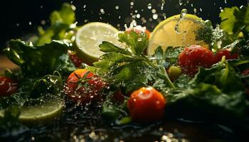 friskhet av tomat, friska sallad, våt blad, gourmet vegetarian måltid genererad förbi ai foto