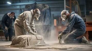 två män i skyddande redskap arbetssätt på en stor bit av cement. ai generativ foto