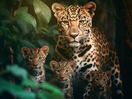 detaljerad stänga upp porträtt av leopard mor och Valp leopard djur- familj, generativ ai foto