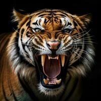 detaljerad stänga upp porträtt av rytande tiger djur- på svart bakgrund, generativ ai foto