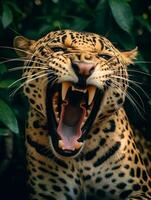 detaljerad stänga upp porträtt av en rytande leopard, generativ ai foto