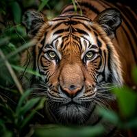 detaljerad stänga upp porträtt av tiger djur- i djungel buskar, generativ aii foto
