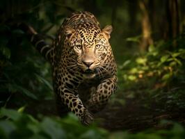 leopard porträtt löpning, jagar, byte, generativ ai foto